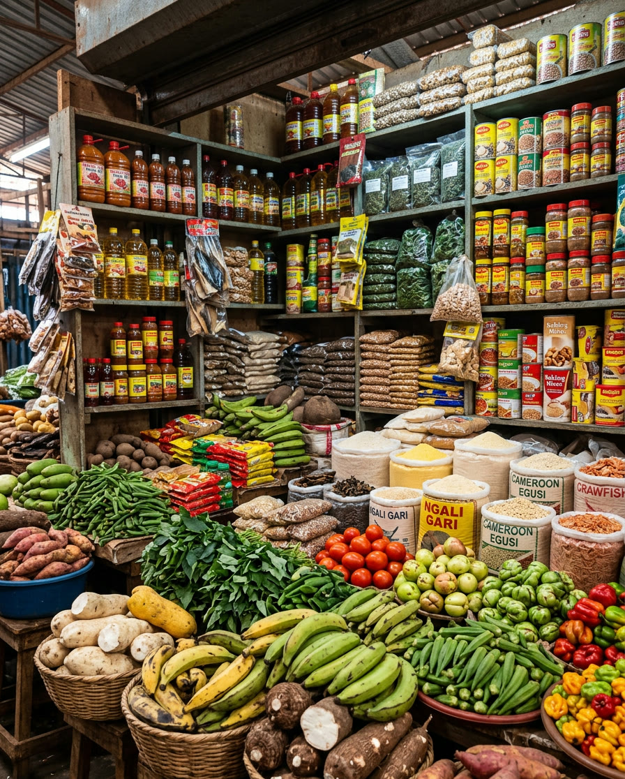 Shelves stocked with African market staples: palm oils, gari, egusi, plantains, and fresh produce